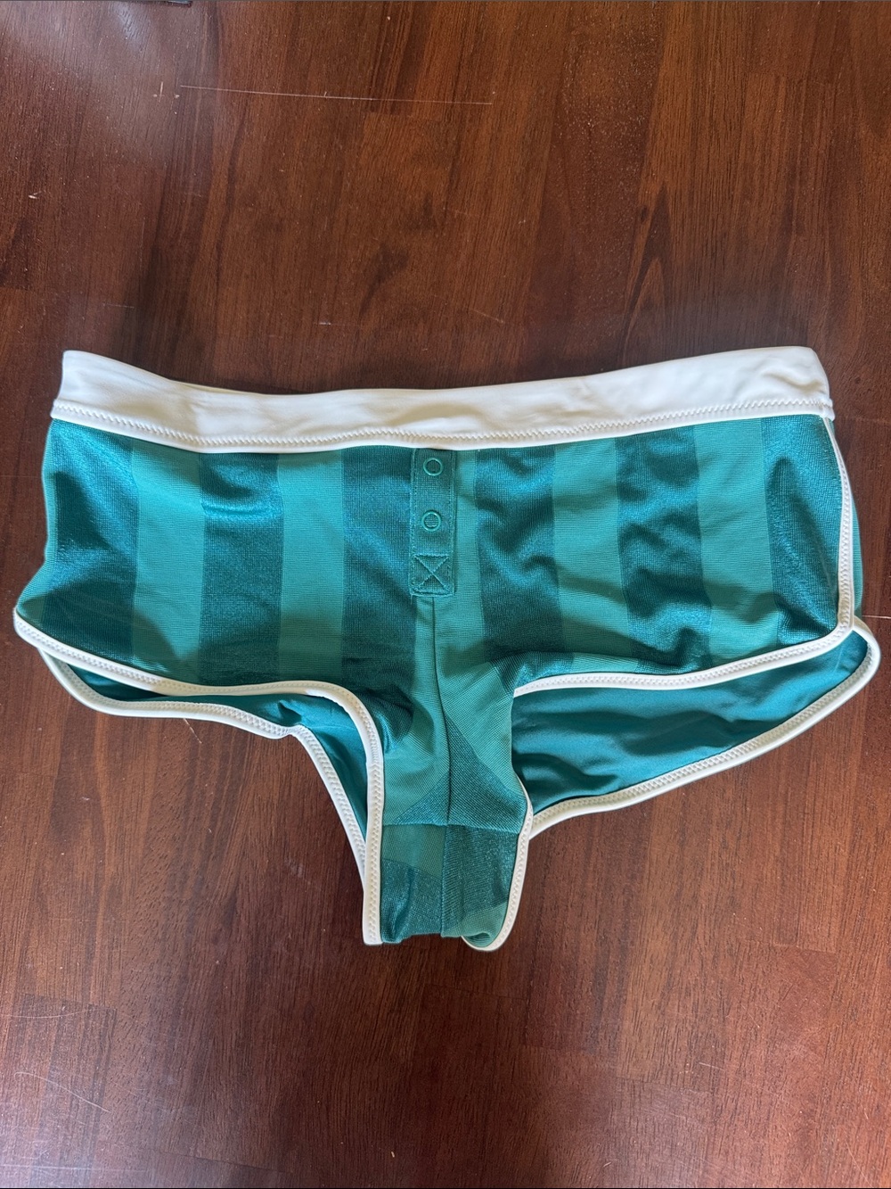 Aerie Striped Green women’s boy cut Swim bottoms with off-white Trim